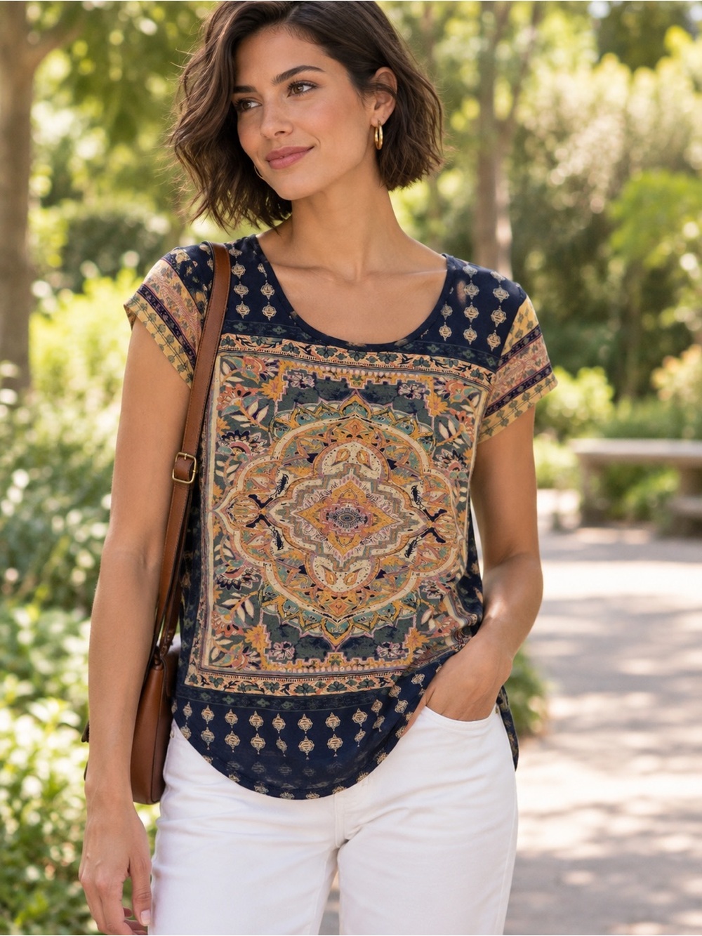 Lucky Brand Women’s Navy Medallion Print Short Sleeve Top L